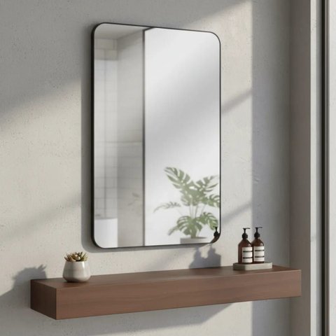 Espelho Retangular Arredondado 60X90cm Moldura em Couro Preto Lyo