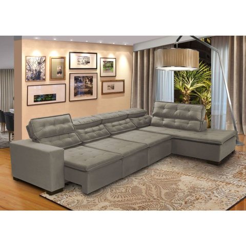 Sofá 7 Lugares Canto Assento Retrátil Pillow Chaise e 3,60 X2,20 M Sttilo Bege - Megasul
