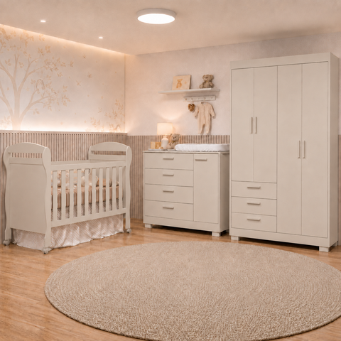 Quarto de Bebê Zaki Completo Berço 2 em 1 Guarda-Roupa 4 Portas Cômoda Sapateira 100% MDF Areia Fosco 