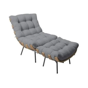 Poltrona Decorativa Costela com Puff Base Metal Linho - Cinza Escuro