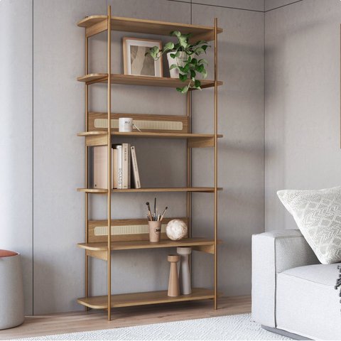Estante 180 cm 6 Prateleiras Palhinha Pé Metal Bege/Hanover/Dourado