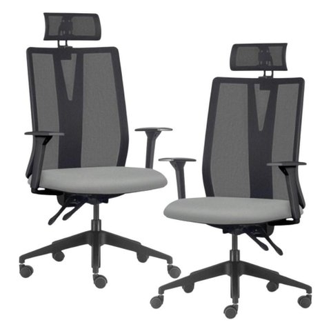 Kit 2 Cadeiras Escritório Giratória Presidente Flow F02 Base Preta Sintético Cinza - Lyam Decor