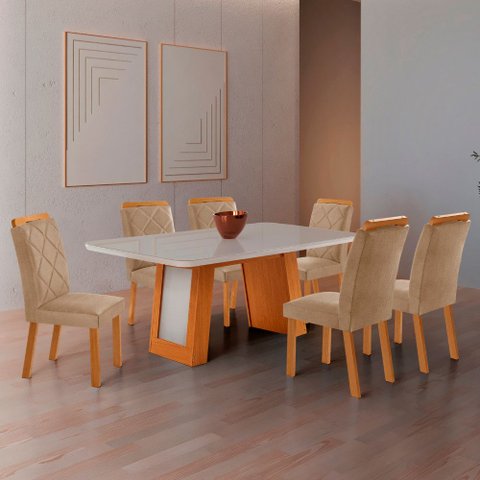 Mesa de Jantar Carolina Tampo 180cm MDF com Vidro Canto Copo e 6 Cadeiras Melissa