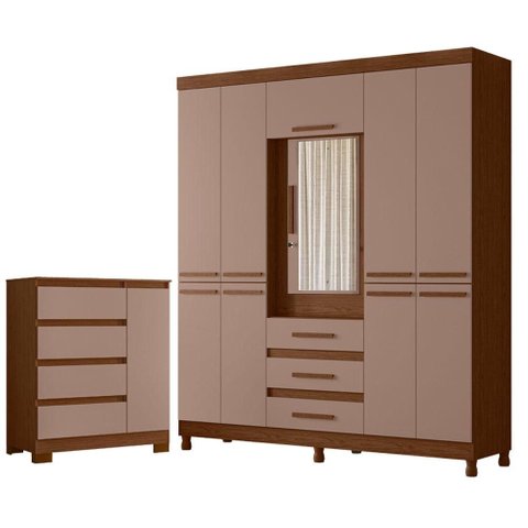 Guarda Roupa Casal New Fusion 10 Portas e Cômoda Sapateira Olimpia Nogueira Capuccino - Móveis Albat
