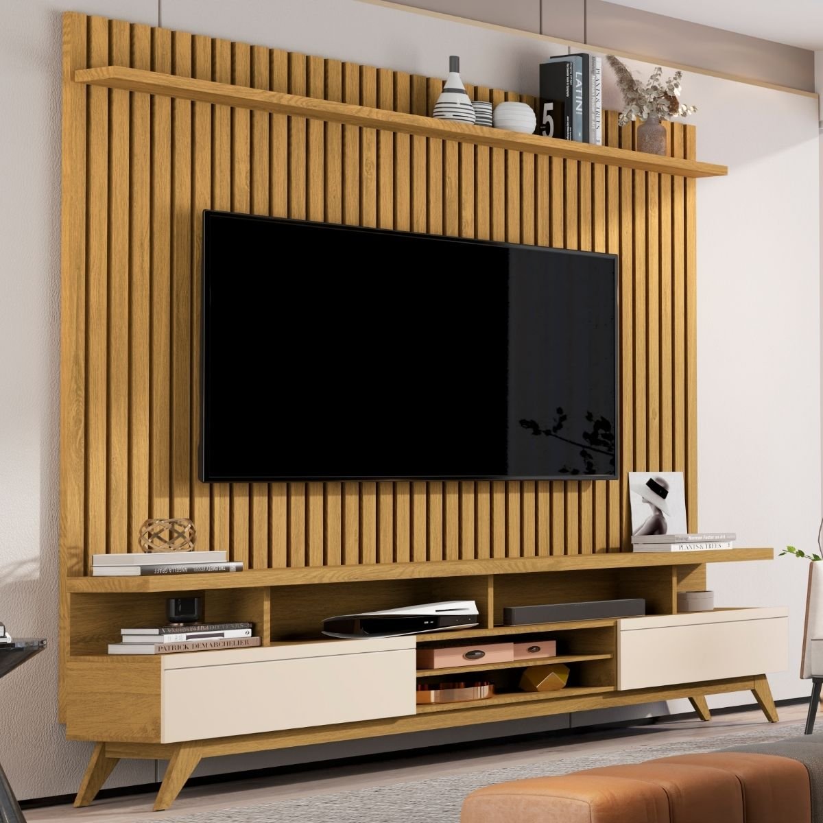 Rack com Painel Sala Tv 75" - Cumaru/off White - Mod.2067 - 2