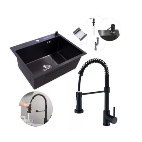 Kit Cuba Pia Aço Inox Quadrada Cozinha e Torneira Flexivel Preta Brinovar