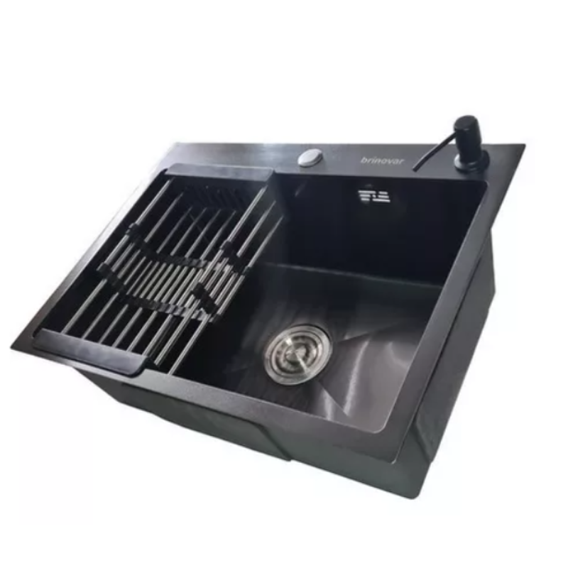 Kit Cuba Pia Aço Inox Quadrada Cozinha e Torneira Flexivel Preta Brinovar - 5