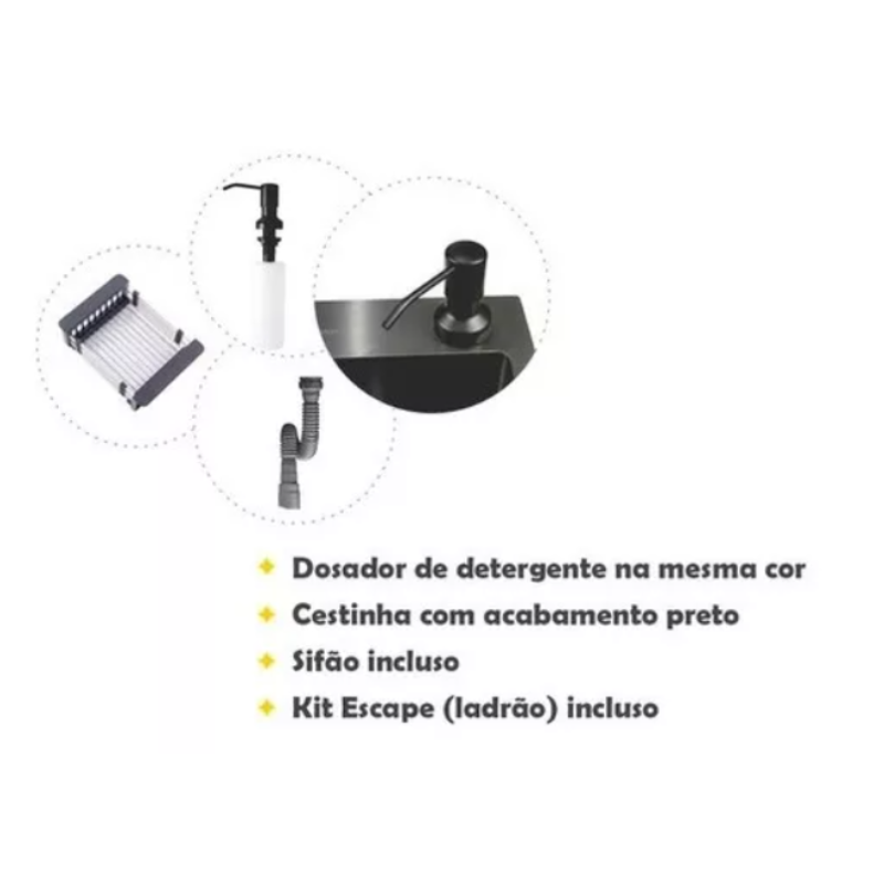 Kit Cuba Pia Aço Inox Quadrada Cozinha e Torneira Flexivel Preta Brinovar - 6