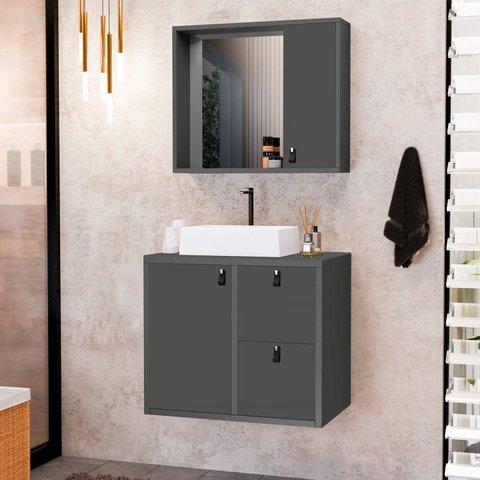 Conjunto Gabinete para Banheiro com Cuba Sobrepor e Espelheira Toro 60 cm Cinza/Grafite