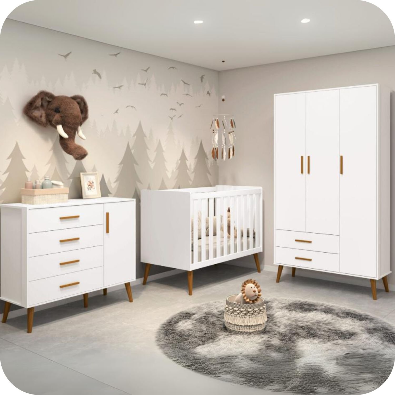 Quarto de Bebê Berço + Cômoda + Guarda Roupa Isis Branco Fosco - 2