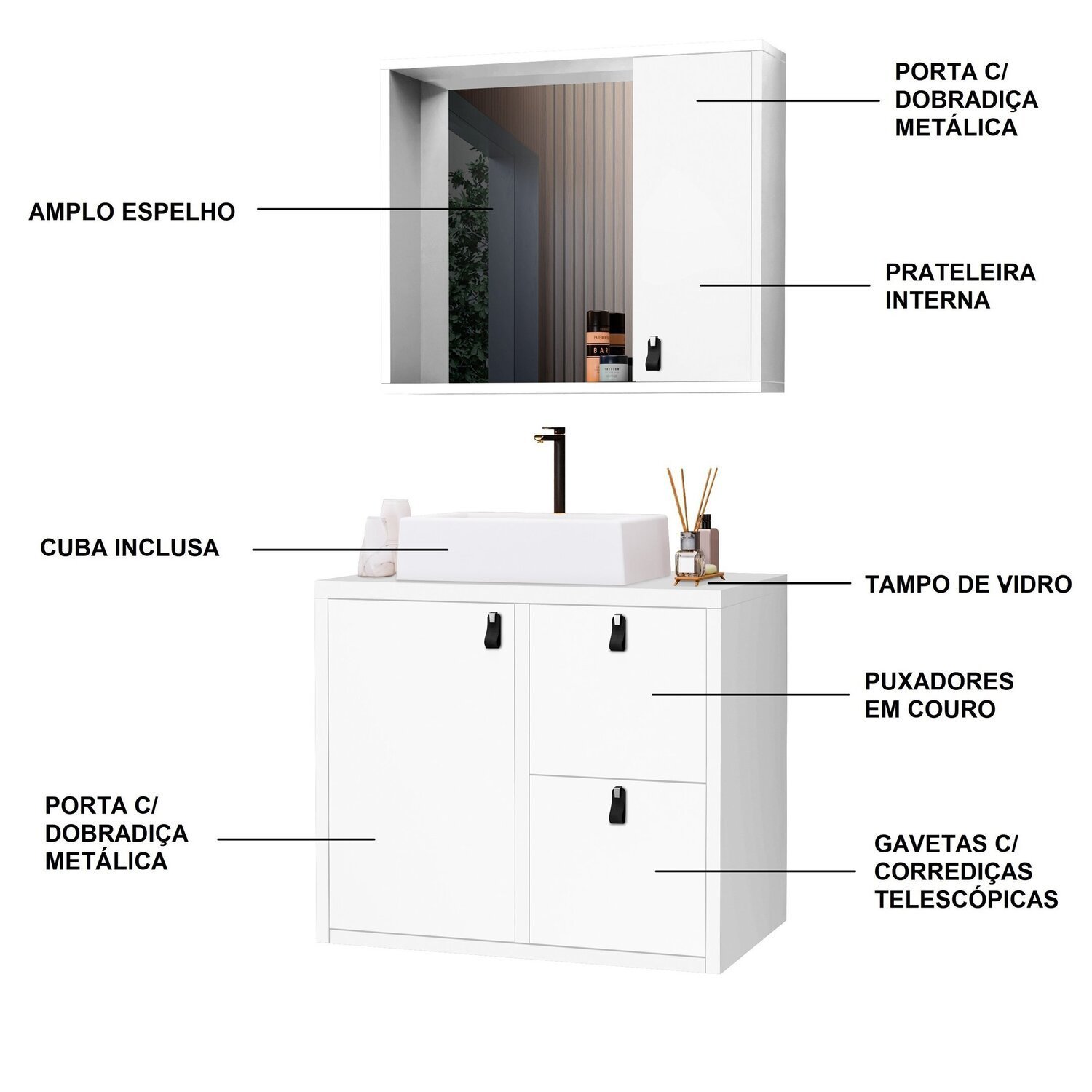 Conjunto Gabinete para Banheiro com Cuba Sobrepor e Espelheira Toro 60 Cm com Vidro - 6