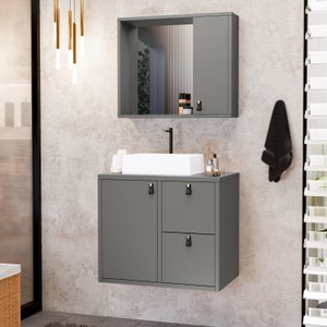 Conjunto Gabinete para Banheiro com Cuba Sobrepor, Tampo de Vidro e Espelheira Toro 60 Cm