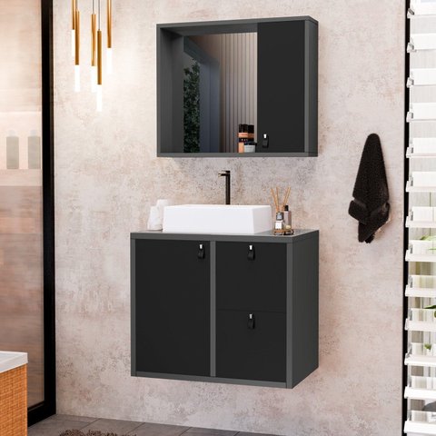 Conjunto Gabinete para Banheiro com Cuba Sobrepor, Tampo de Vidro e Espelheira Toro 60 cm Cinza/Grafite/Preto