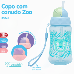 Copo Infantil com Canudo Zoo Lolly Kind Cor Azul Claro 330ml