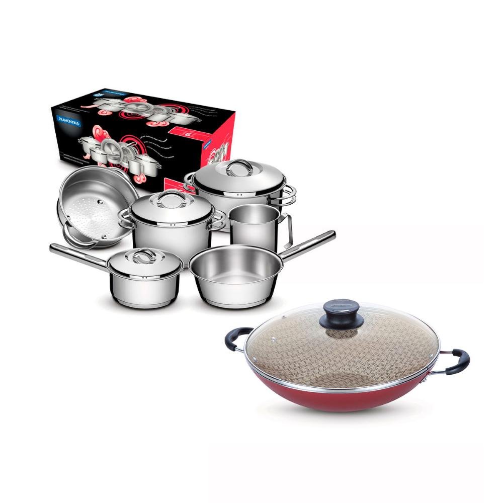 KIT - Jogo de Panelas Solar 6pçs inox + Panela Wok Alumínio Paris 36cm Vermelha - Tramontina - 1