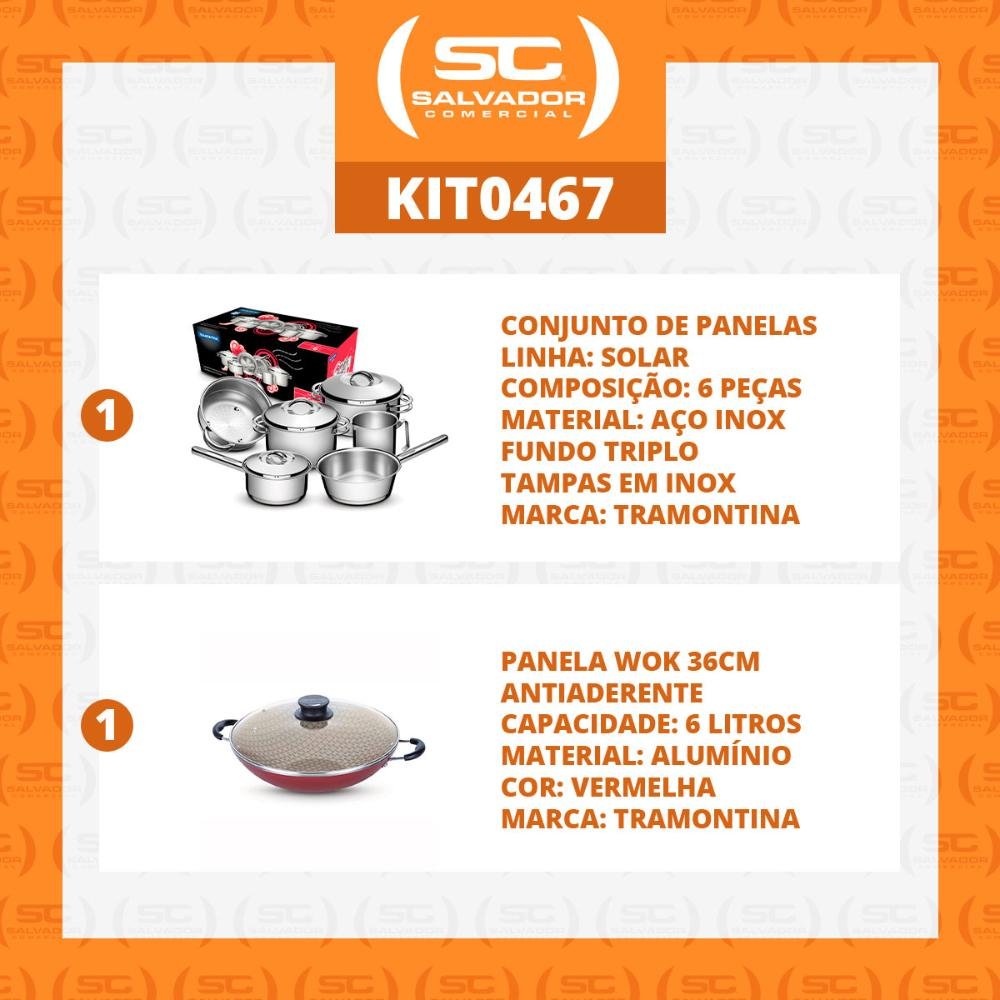 KIT - Jogo de Panelas Solar 6pçs inox + Panela Wok Alumínio Paris 36cm Vermelha - Tramontina - 2