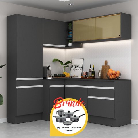 Cozinha Completa de Canto Veneza Mp2089 Multimóveis Preto/branco + Brinde Jogo de Panelas Tramontina