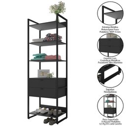 Guarda Roupa Solteiro Closet 2 Módulos Indy F02 Preto Texturizado - Mpozenato - 3