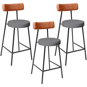 Kit 03 Banquetas Baixa Cozinha Jantar Milão L02 Couríssimo Camel Linho Cinza Escuro - lyam decor