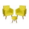Kit 2 poltrona Para sala de Estar Bianca Capitonê Rodapé e 1 Puff Redondo Corino Amarelo - Mó - 1