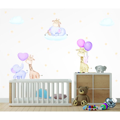 Adesivo de Parede Infantil Girafa e Elefante Cute Baby