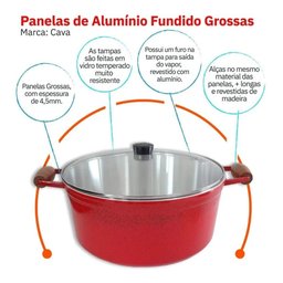 Conjunto De Panelas Caçarolas Cava 5 Peças Tampa De Vidro Vermelha - 3