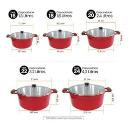 Conjunto De Panelas Caçarolas Cava 5 Peças Tampa De Vidro Vermelha - 2