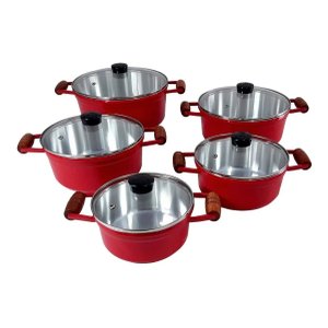 Conjunto De Panelas Caçarolas Cava 5 Peças Tampa De Vidro Vermelha