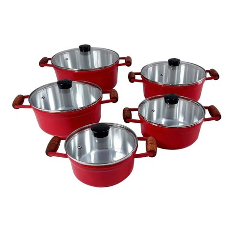 Conjunto De Panelas Caçarolas Cava 5 Peças Tampa De Vidro Vermelha