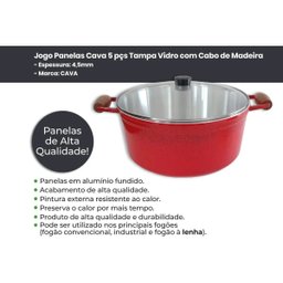 Conjunto De Panelas Caçarolas Cava 5 Peças Tampa De Vidro Vermelha - 4