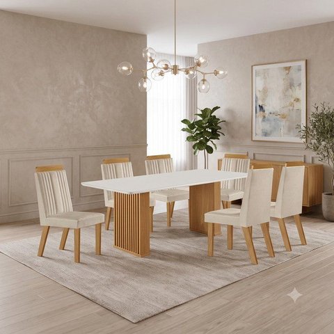 Conjunto Sala de Jantar Mesa Imperatriz 1,80x0,90 com 06 Cadeiras Florença Yescasa Castanho/Creme
