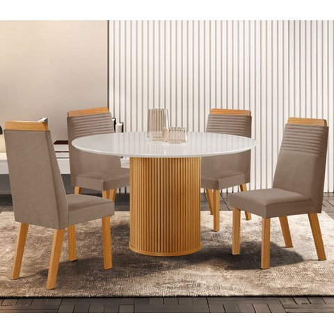 Conjunto de Jantar Mesa Dara 1,10 x 1,10 Tampo MDF/Vidro com 4 Cadeiras Catar Marrom/Castanho Cinamomo/Capuccino/Off White