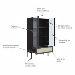 Cristaleira 2 Portas Vidro 1 Gaveta 83cm Palhinha Pé Madeira - 7