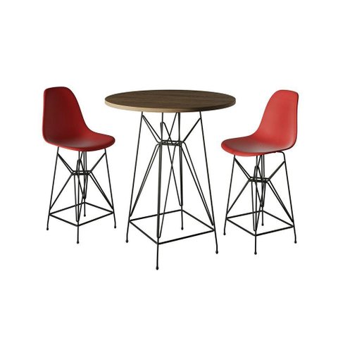 Jogo Mesa Bistrô Eames Tampo Amêndoa 60Cm 2 Banquetas Vermelha Base Ferro Preto - Cor: Amendoa