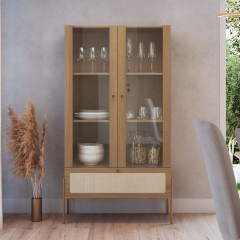 Cristaleira 2 Portas Vidro 1 Gaveta 83cm Palhinha Pé Metal Bege/Hanover/Dourado