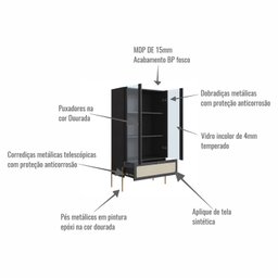 Cristaleira 2 Portas Vidro 1 Gaveta 83cm Palhinha Pé Metal Nero - 7