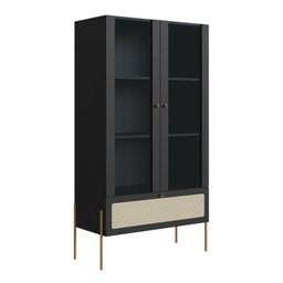 Cristaleira 2 Portas Vidro 1 Gaveta 83cm Palhinha Pé Metal Nero - 2