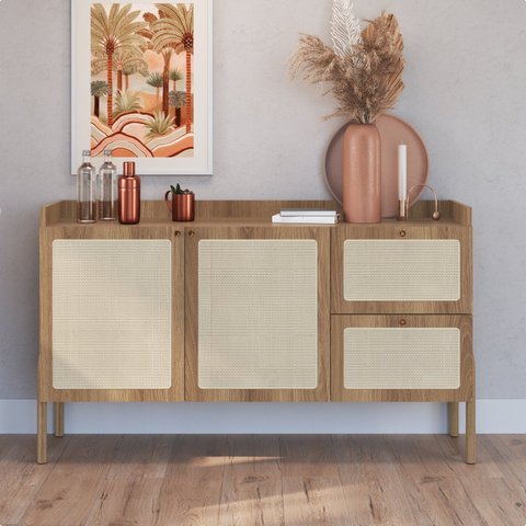 Balcão Buffet 2 Portas 2 Gavetas 139cm Palhinha Pé Madeira Marrom/Hanover