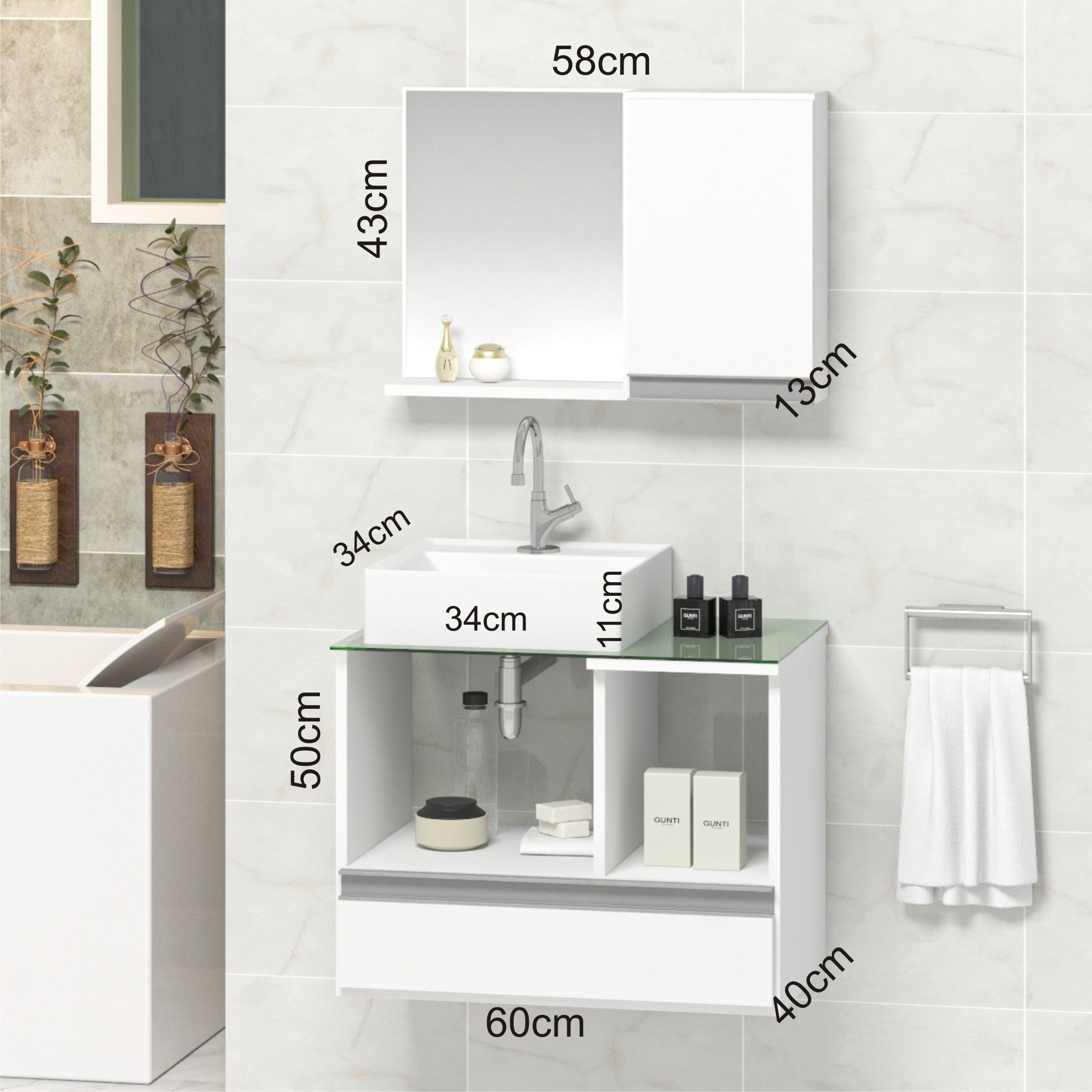 Conjunto Gabinete Banheiro Venus 60cm Branco - Gabinete + Cuba + Espelheira + Tampo Vidro - 2