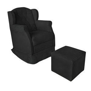 Poltrona Amamentação Cadeira Reforçada Balanço e Puff Lile Suede:preto