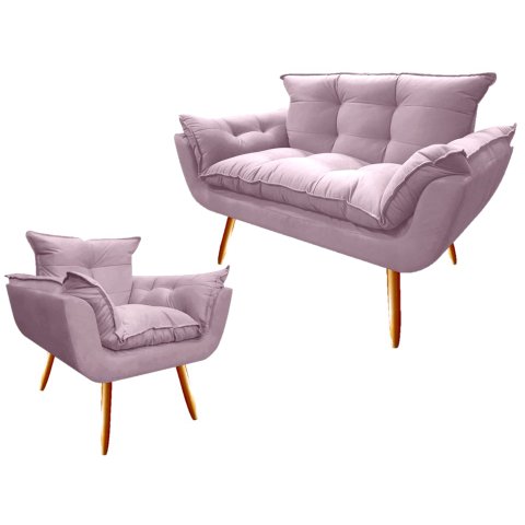 Kit Namoradeira + Poltrona Decorativa Opala Suede Rosê Pés Madeira Ms Decor