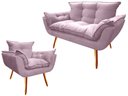 Ver imagem 1 de Kit Namoradeira + Poltrona Decorativa Opala Suede Rosê Pés Madeira Ms Decor