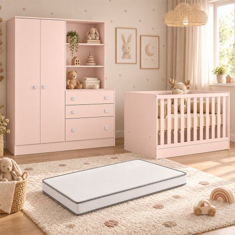 Kit Quarto de Bebê Doce Sonho com Berço Mini Cama Guarda Roupa com Cômoda e Colchão D18 130x70 Movel