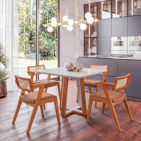 Mesa Viena 4 Lugares Tampo Off White 4 Cadeiras Madeira Maciça e Estofada Verona Espresso Móveis