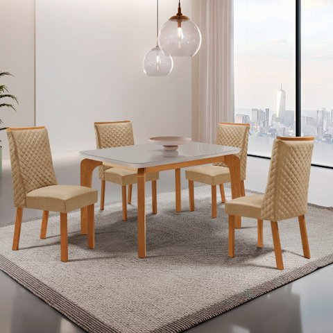 Mesa de Jantar Liz 120cm Tampo MDF Vidro Canto Copo com 4 Cadeiras Yasmin