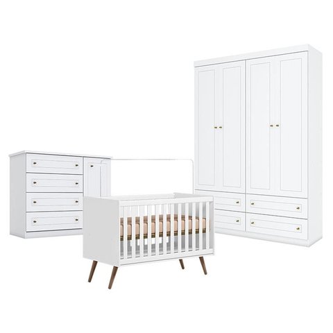 Quarto de Bebê Americano 4 Portas Com berço Americano Q Encanto 3820 Retrô Branco Acetinado - Qmovi 