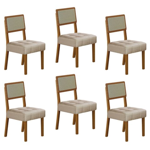 Kit 6 Cadeiras para Sala de Jantar Pés em Madeira Maciça Liz Bege/Cinamomo/Veludo