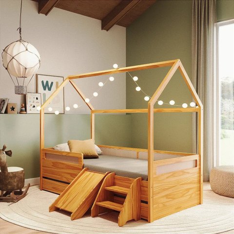 Conjunto Bicama Casinha Rattan com Escada e Escorregador Divertidamente