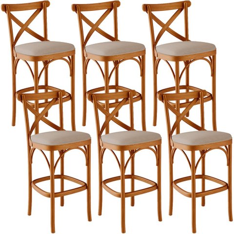 Kit 06 Banquetas Altas Cozinha Bancada Bar Sala Jantar Estofada Ávila L02 Linho Bege Escuro - Lyam L