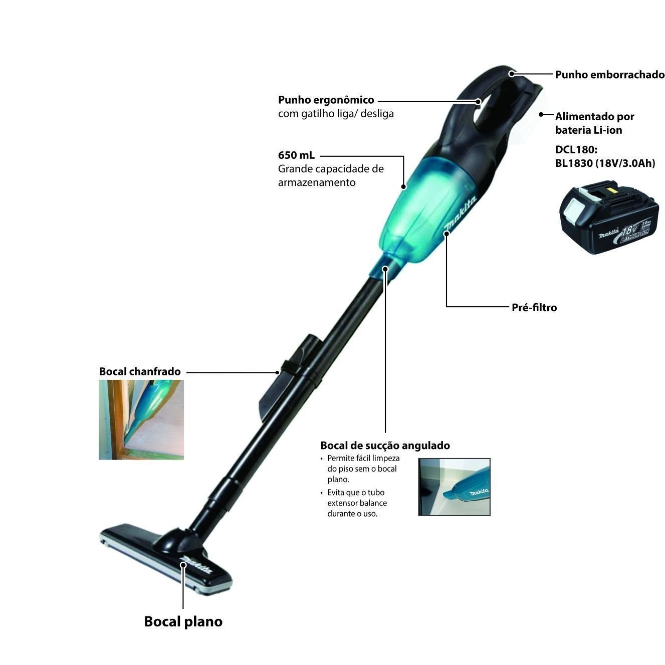 Makita Aspirador De Pó Portátil + Bateria 18v 3.0ah Dcl180zb-p - 2